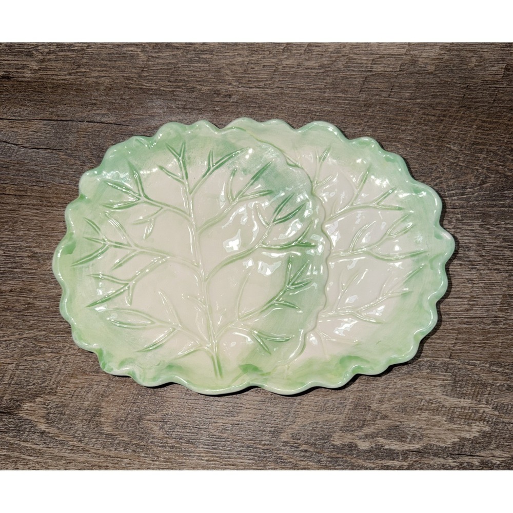 VTG 1987 The Haldon Group Green Leaf Cabbage Serving Platter Hand Painted 10x7x1
